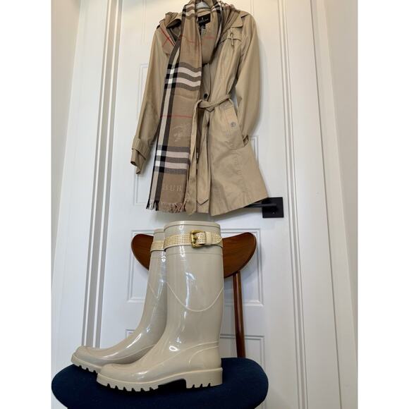 Burberry Plaid Lined Rain Boots Beige Rubber Equestrian Buckle Women’s EU 37 - Picture 5 of 16